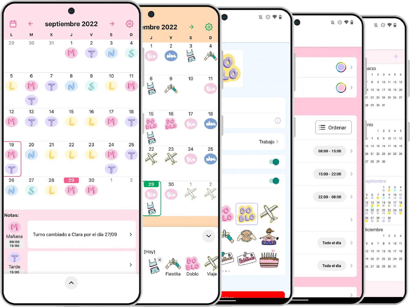 Varias pantallas de Turnario: calendario mensual con turnos de colores, stickers y ajustes