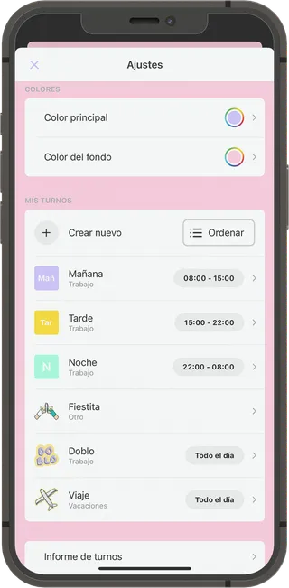 Lista de turnos con sus horarios: mañana, tarde, noche, fiestita, doblo y viaje