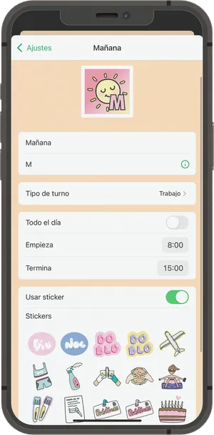 Edición de un turno con stickers, horario y tipo de turno