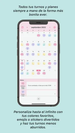 Calendario mensual con turnos de colores y notas